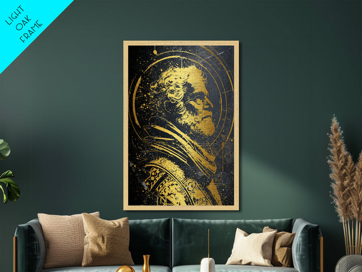 Stoic Elder Portrait Metallic Gold Metal Print, Greek Philosopher Wall Art, Abstract Ancient Decor, Real Wood Frame