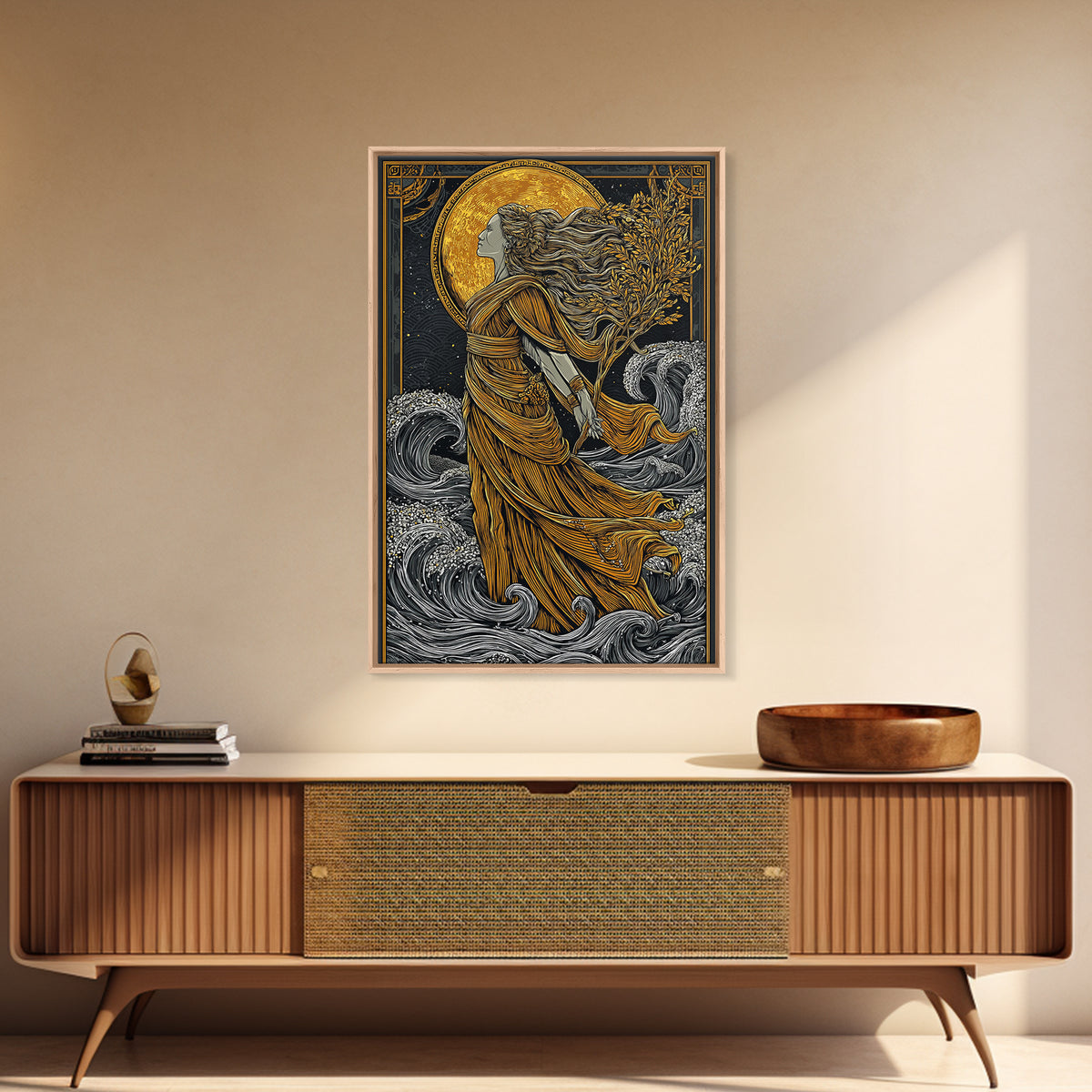Moonlit Goddess Canvas Gold Canvas Print, Flowing Mythology Wall Art, Timeless Greek Fantasy Decor, Real Wood Frame