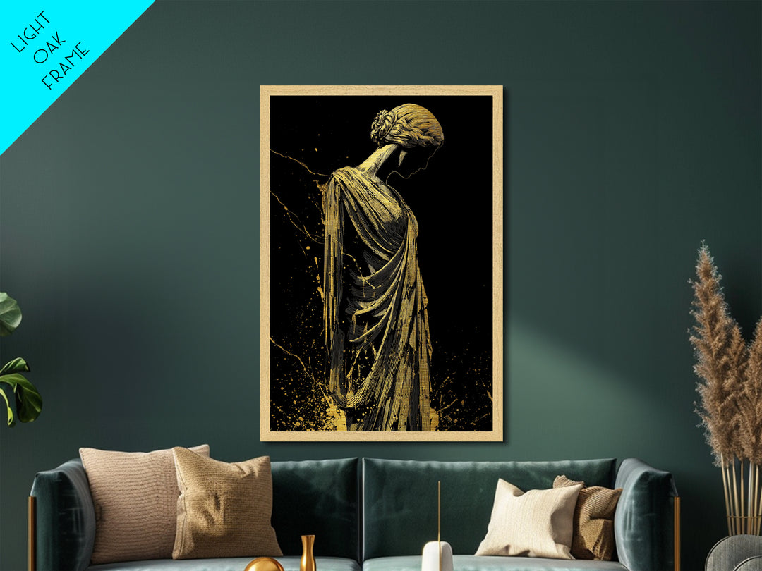 Grecian Muse Silhouette Metallic Gold Metal Print, Elegant Greek Goddess Art, Minimalist Luxury Wall Decor, Real Wood Frame