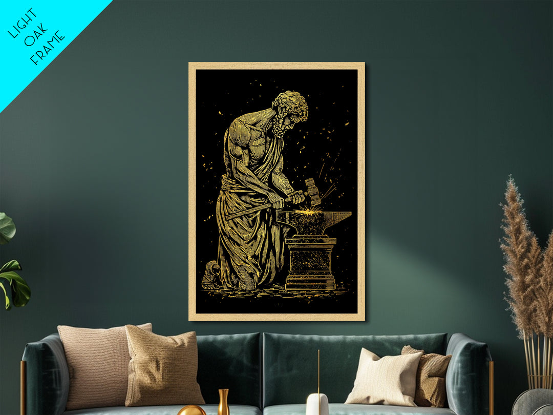 Hephaestus At Forge Metallic Gold Metal Print, Greek God Blacksmith Art, Strong Mythology Wall Decor, Real Wood Frame