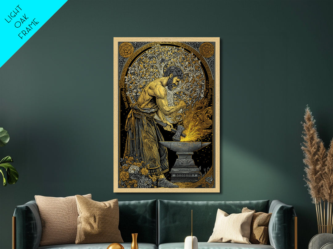 Mythical Forge Master Metallic Gold Metal Print, Ancient Greek Hephaestus Art, Dramatic Mythology Wall Decor, Real Wood Frame