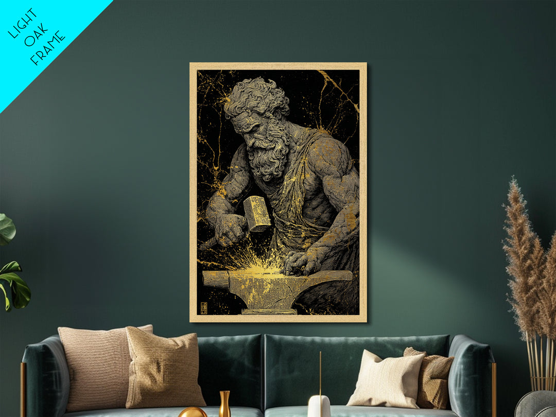 Greek God At Anvil Metallic Gold Metal Print, Mythological Hephaestus Art, Classic Blacksmith Wall Decor, Real Wood Frame