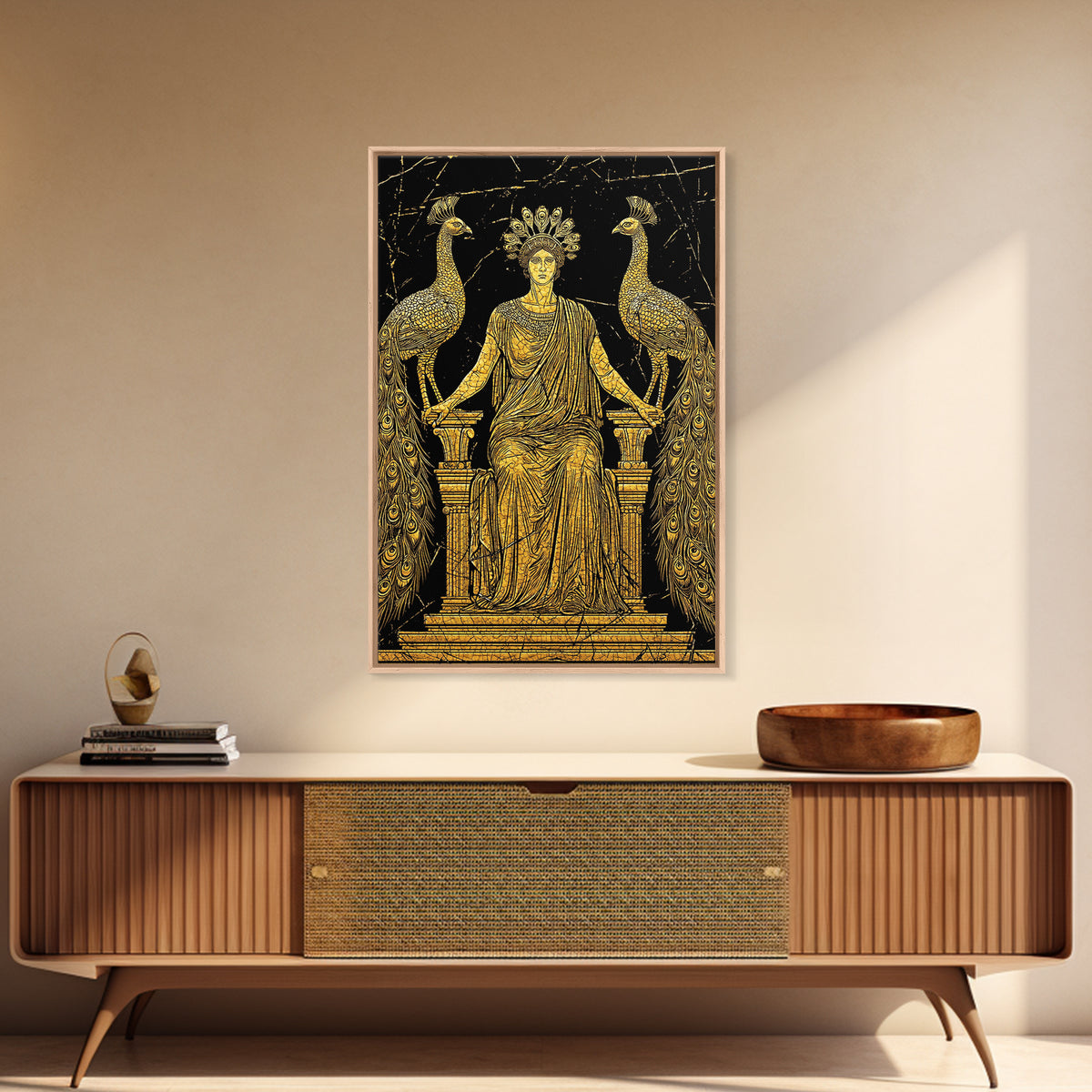 Greek Goddess Hera With Peacocks Canvas Gold Canvas Print, Mythology Wall Art, Luxury Wood Framed Art Decor