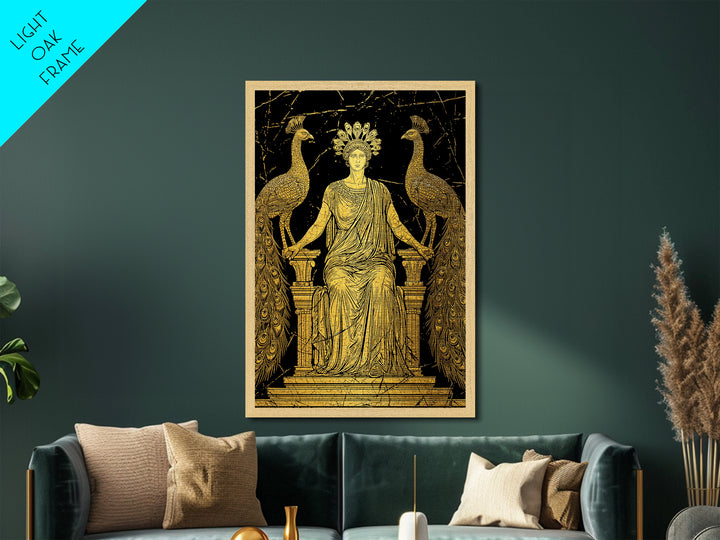 Greek Goddess Hera With Peacocks Metallic Gold Metal Print, Mythology Wall Art, Luxury Wood Framed Art Decor