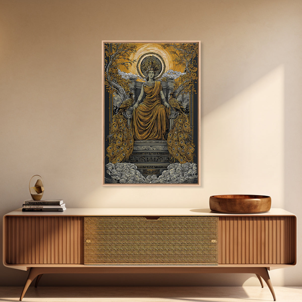Divine Queen Hera Canvas Gold Canvas Print, Greek Goddess Wall Art, Regal Mythology Decor, Real Wood Frame Artwork