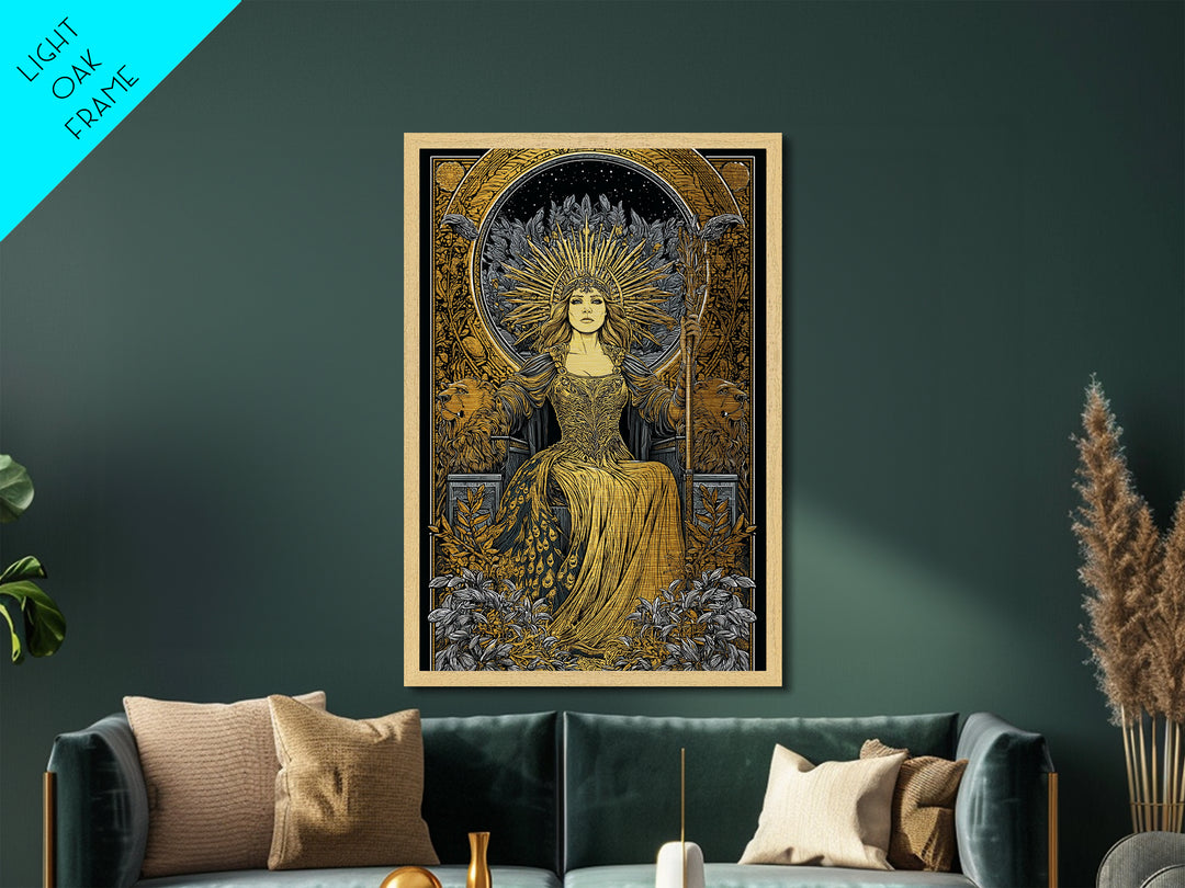 Greek Goddess Hera Throne Metallic Gold Metal Print, Mythology Wall Art, Divine Regal Decor, Real Wood Frame Artwork