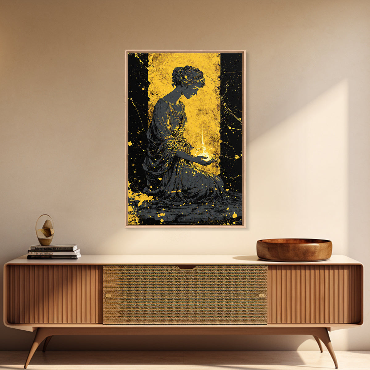 Greek Goddess Hestia With Flame Canvas Gold Canvas Print, Ancient Mythology Wall Art, Real Wood Frame Home Decor