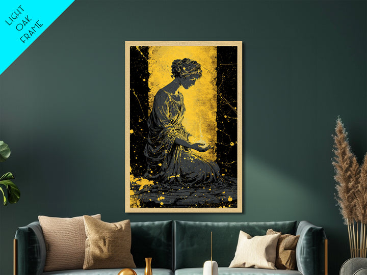 Greek Goddess Hestia With Flame Metallic Gold Metal Print, Ancient Mythology Wall Art, Real Wood Frame Home Decor