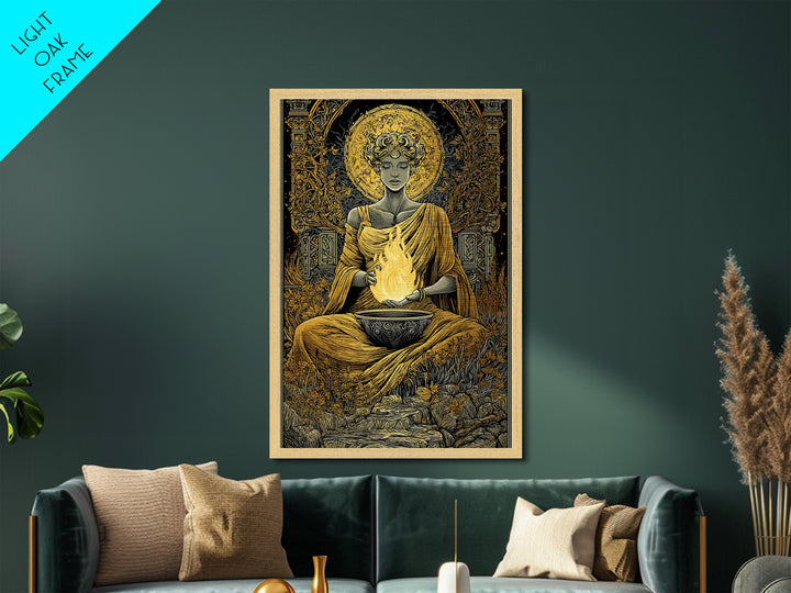 Hestia Goddess Of The Hearth Metallic Gold Metal Print, Divine Fire Wall Art, Mythology Inspired Decor, Wood Frame Print