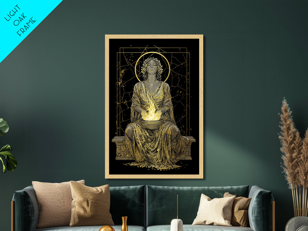 Sacred Flame Hestia Metallic Gold Metal Print, Greek Goddess Wall Art, Ancient Mythology Decor, Luxury Wood Frame Artwork