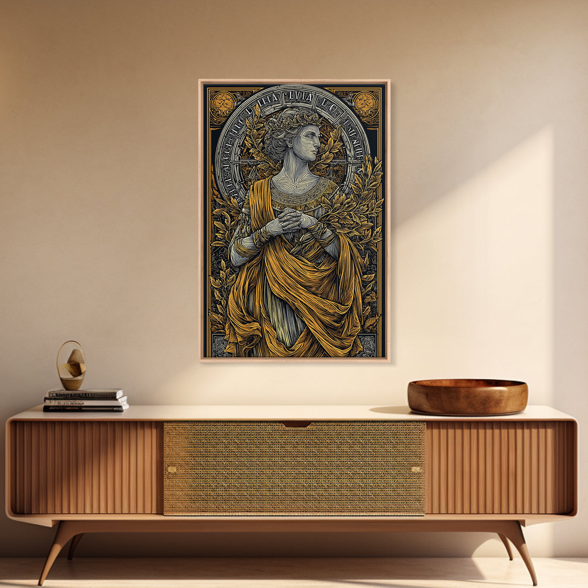 Greek Goddess Hestia With Fire Bowl, Mythology Canvas Gold Canvas Print, Ancient Goddess Wall Art, Real Wood Frame