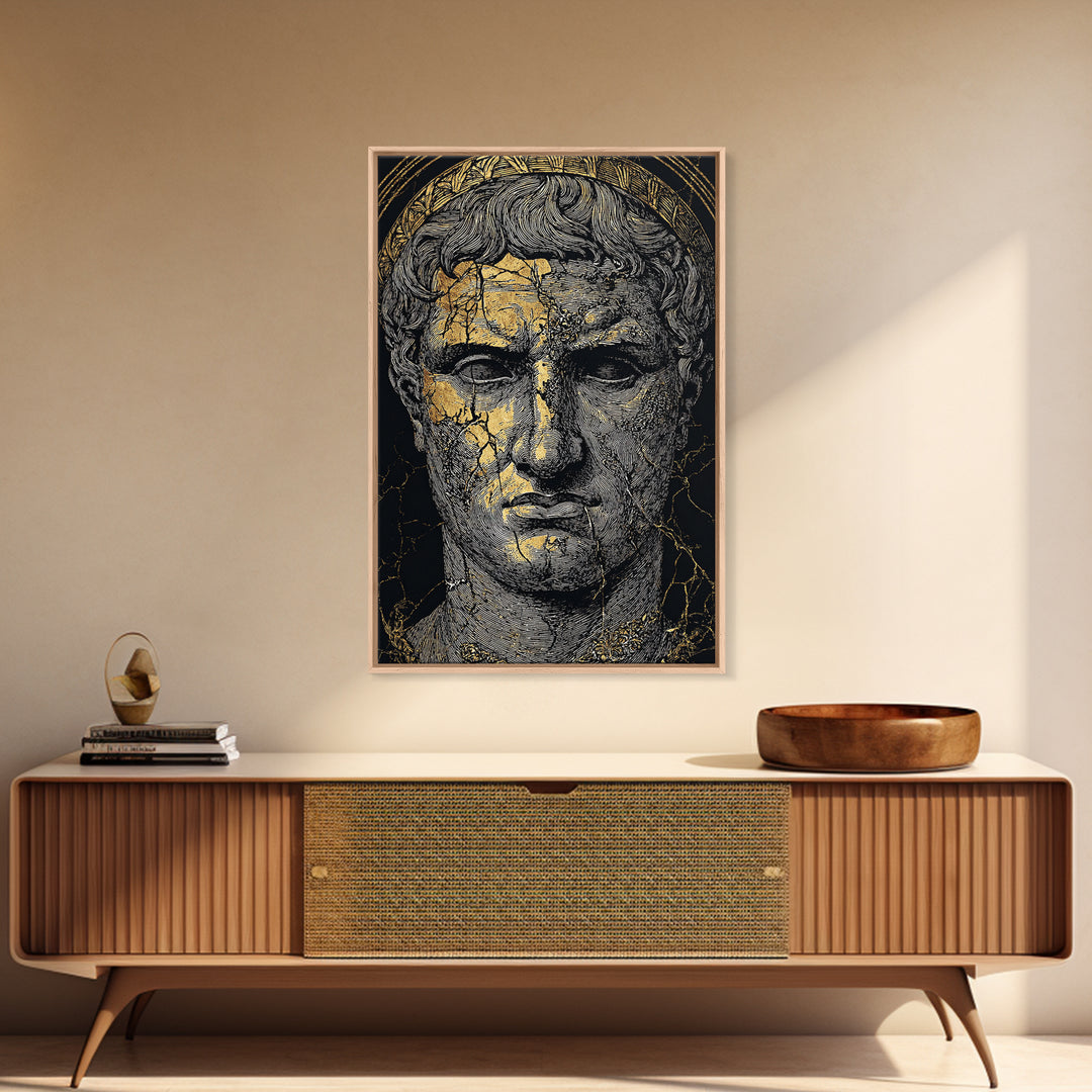 Canvas Gold Canvas Print, Roman Emperor Portrait Art, Ancient Bust Wall Decor, Historical Artwork, Real Wood Frame