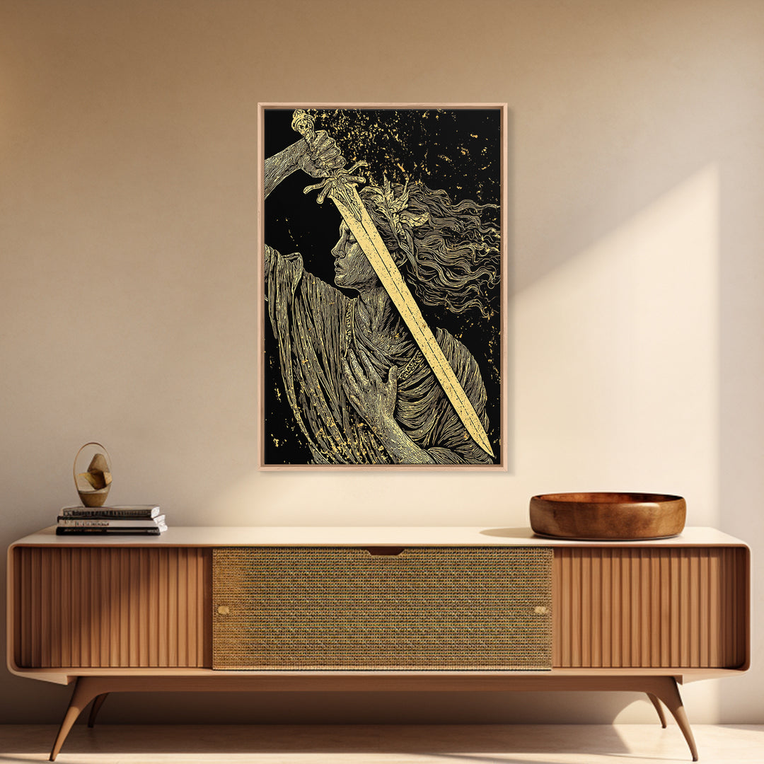 Canvas Gold Canvas Print, Goddess With Sword Art, Greek Mythology Warrior Wall Decor, Divine Strength Artwork, Real Wood Frame