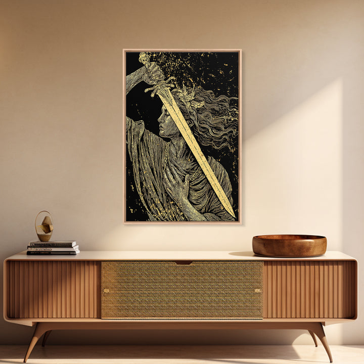 Canvas Gold Canvas Print, Goddess With Sword Art, Greek Mythology Warrior Wall Decor, Divine Strength Artwork, Real Wood Frame