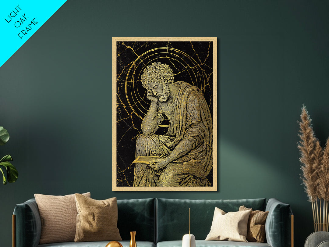 Metallic Gold Metal Print, Stoic Philosopher Sitting Art, Ancient Thinker Wall Decor, Roman Wisdom Artwork, Real Wood Frame