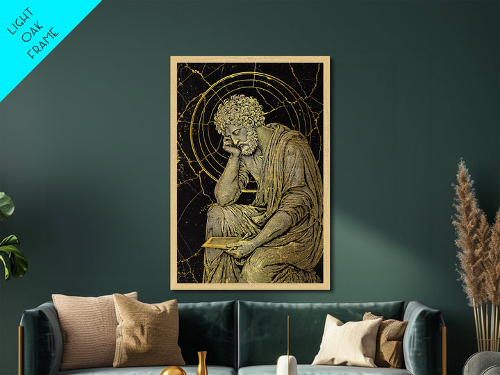 Metallic Gold Metal Print, Stoic Philosopher Sitting Art, Ancient Thinker Wall Decor, Roman Wisdom Artwork, Real Wood Frame