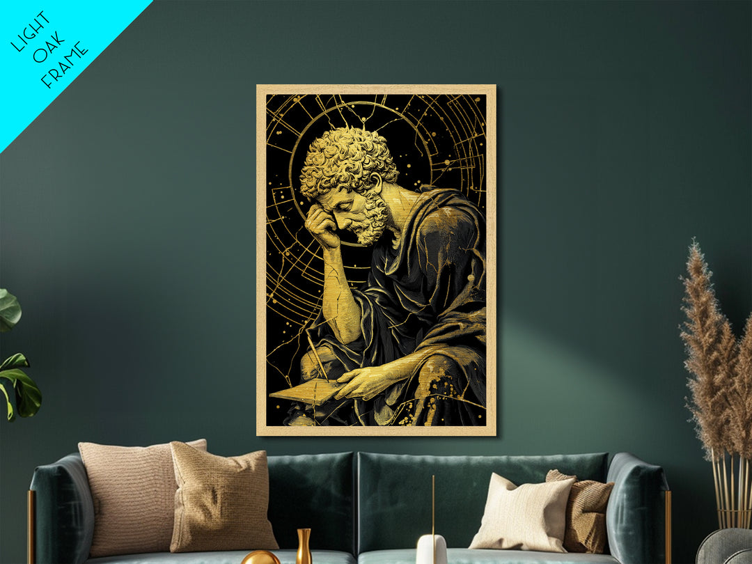 Metallic Gold Metal Print, Pensive Philosopher Study Art, Ancient Scholar Wall Decor, Roman Thinker Artwork, Real Wood Frame