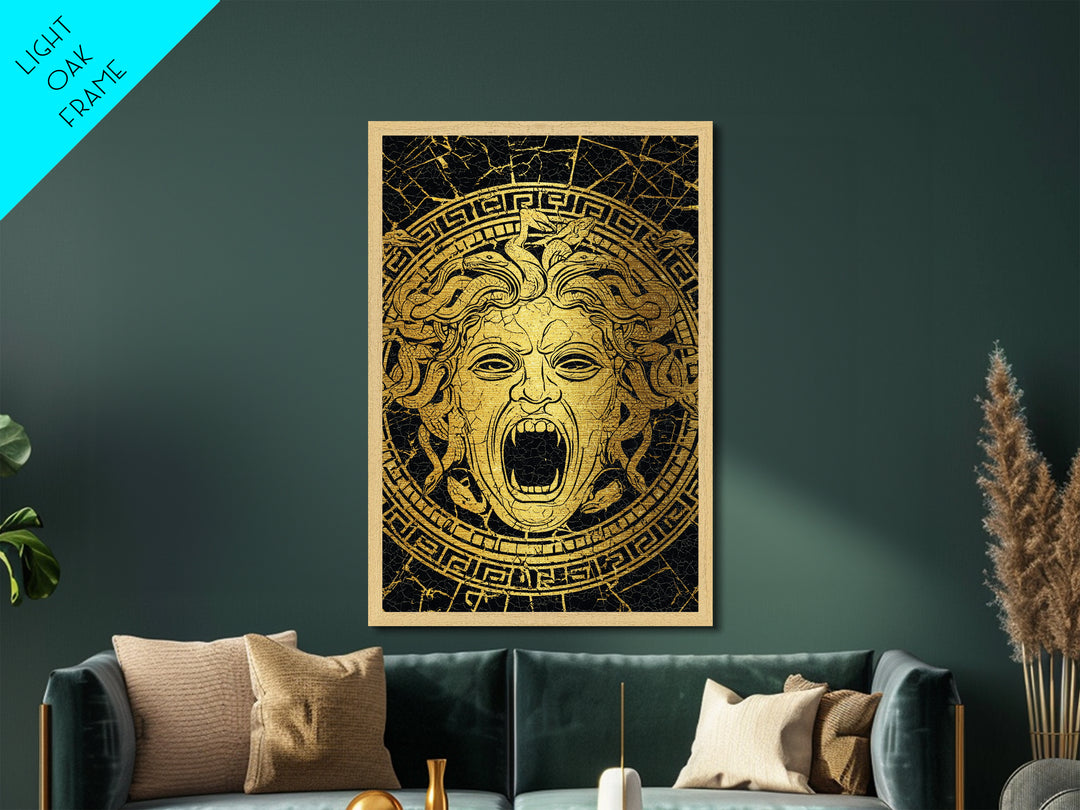 Medusa Head Metallic Gold Metal Print, Mythology Wall Art, Snake Hair Monster Decor, Greek Legend Artwork, Real Wood Frame