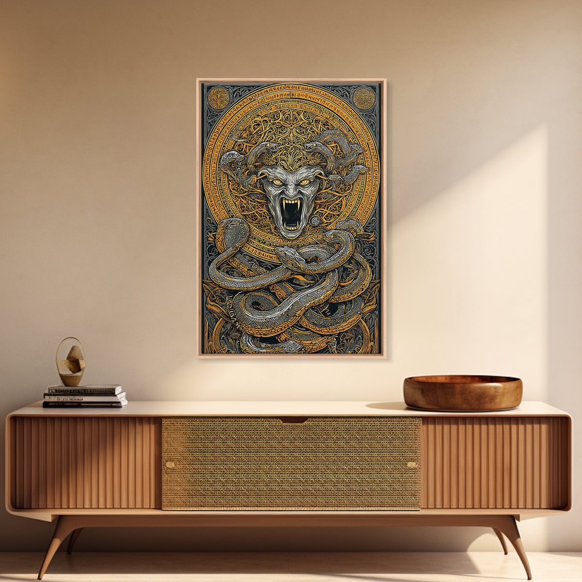 Medusa Serpent Canvas Gold Canvas Print, Mythology Wall Art, Fierce Gorgon Decor, Greek Goddess Inspired Artwork, Real Wood Frame