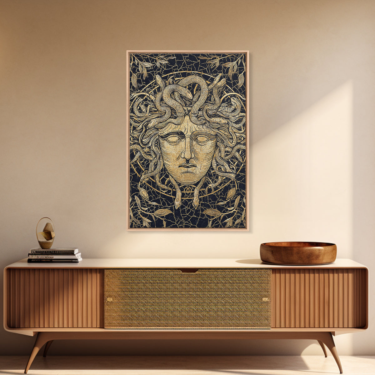 Medusa Head Canvas Gold Art, Mythology Wall Print, Snake Hair Decor, Fierce Ancient Greek Gorgon Artwork, Real Wood Frame