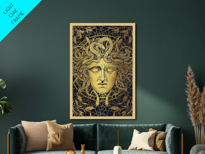 Medusa Head Metallic Gold Art, Mythology Wall Print, Snake Hair Decor, Fierce Ancient Greek Gorgon Artwork, Real Wood Frame