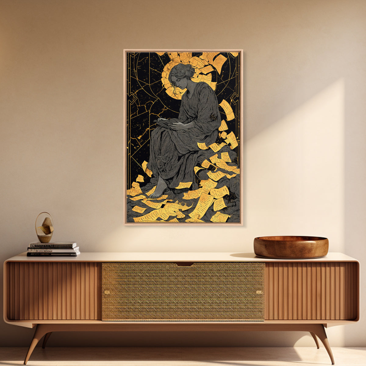 Roman Emperor Bust Canvas Gold Canvas Print, Ancient Warrior Wall Art, Classical Statue Artwork, Mythology Inspired Real Wood Frame