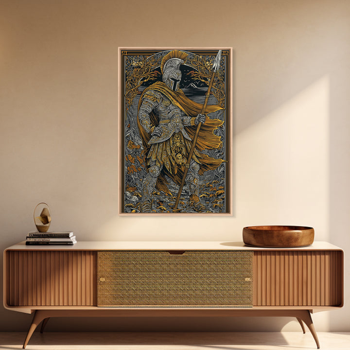 Ancient Hero Canvas Gold Canvas Print, Mythological Warrior Art, Classical Armor Wall Decor, Fantasy Epic Artwork Real Wood Frame