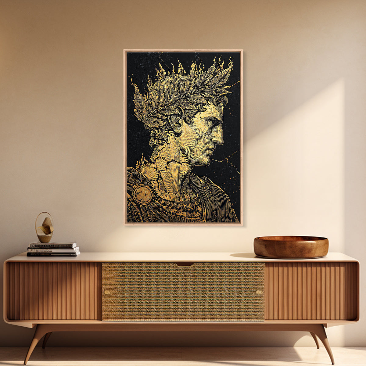 Mythical Goddess Canvas Gold Canvas Print, Ancient Fantasy Wall Art, Mystical Woman With Symbols, Mythology Inspired Real Wood Frame