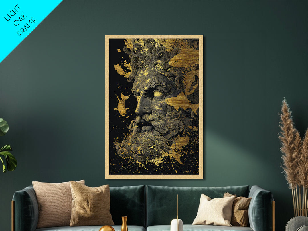 Ocean God Oceanus Metallic Gold Metal Print, Greek Mythology Sea Deity Art, Real Wood Frame, Elegant Nautical Wall Decor