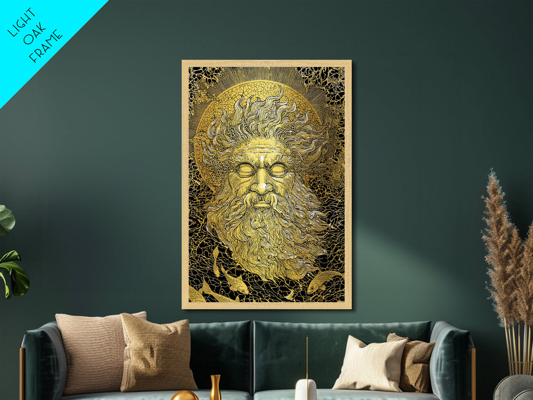 Ancient Sea God Oceanus Metallic Gold Art, Mythological Wall Print, Real Wood Frame, Classical Maritime Inspired Home Decor