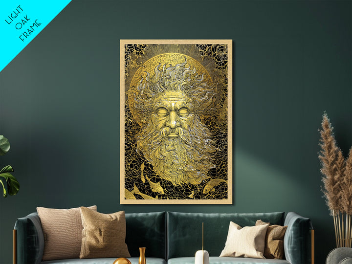 Ancient Sea God Oceanus Metallic Gold Art, Mythological Wall Print, Real Wood Frame, Classical Maritime Inspired Home Decor