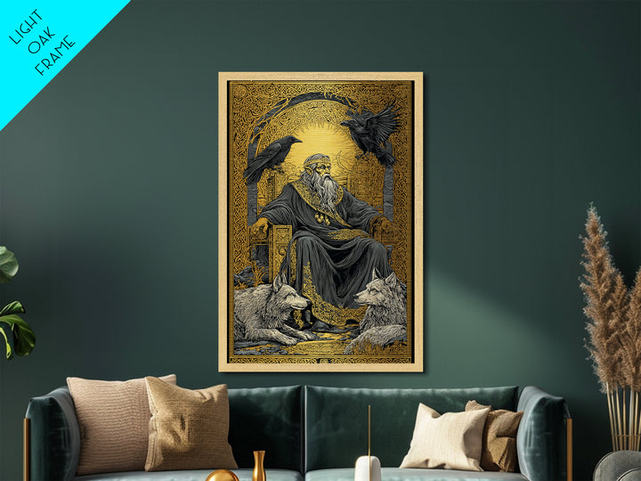 Odin Allfather Metallic Gold Metal Print, Viking Mythology Wall Art, Real Wood Frame, Norse Legend Inspired Decor For Home