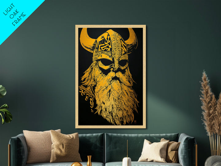 Norse Mythology Odin Metallic Gold Art, Viking Warrior God Metal Print, Real Wood Frame, Ancient Scandinavian Wall Decoration
