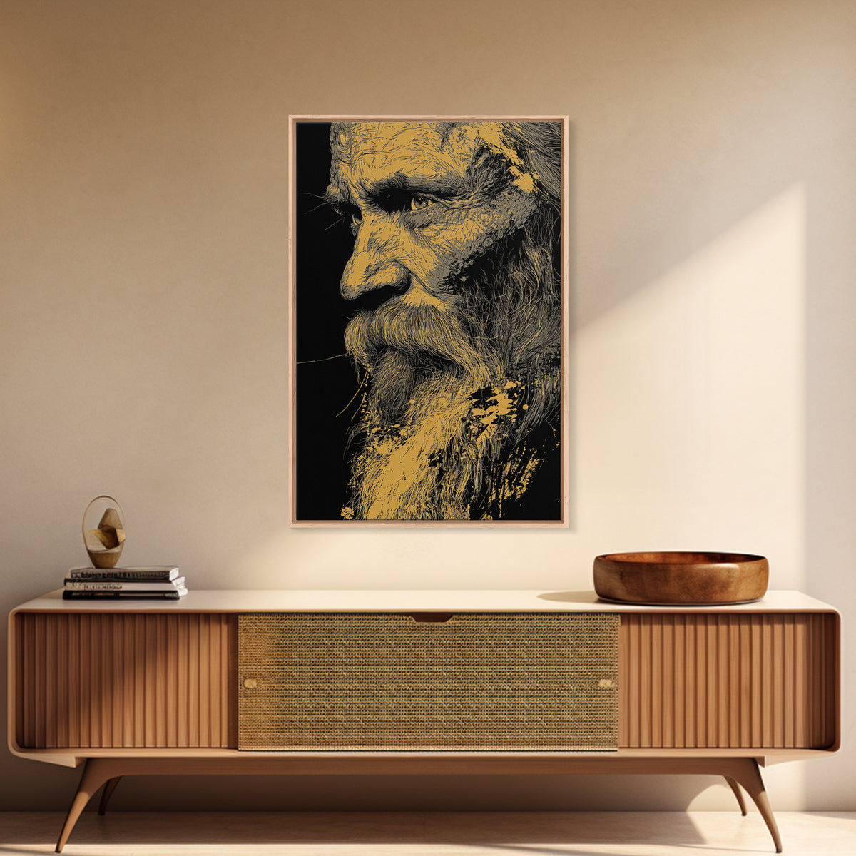 Odin Warrior God Canvas Gold Canvas Print, Norse Mythology Inspired Art, Real Wood Frame, Viking Legend Wall Decor Statement
