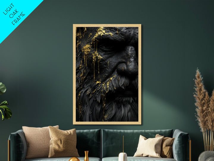 Abstract Mythological Face, Golden Tears Design, Metallic Gold Metal Print, Textured Wall Art, Real Wood Frame, Dramatic Statement