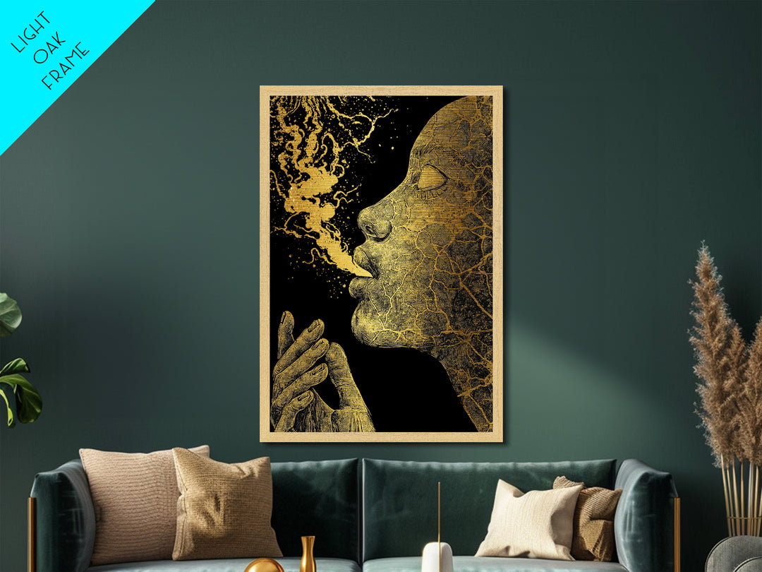 Mystical Goddess Face Exhaling Spirit, Surreal Mythology, Metallic Gold Metal Print, Spiritual Wall Art, Real Wood Frame, Dreamlike