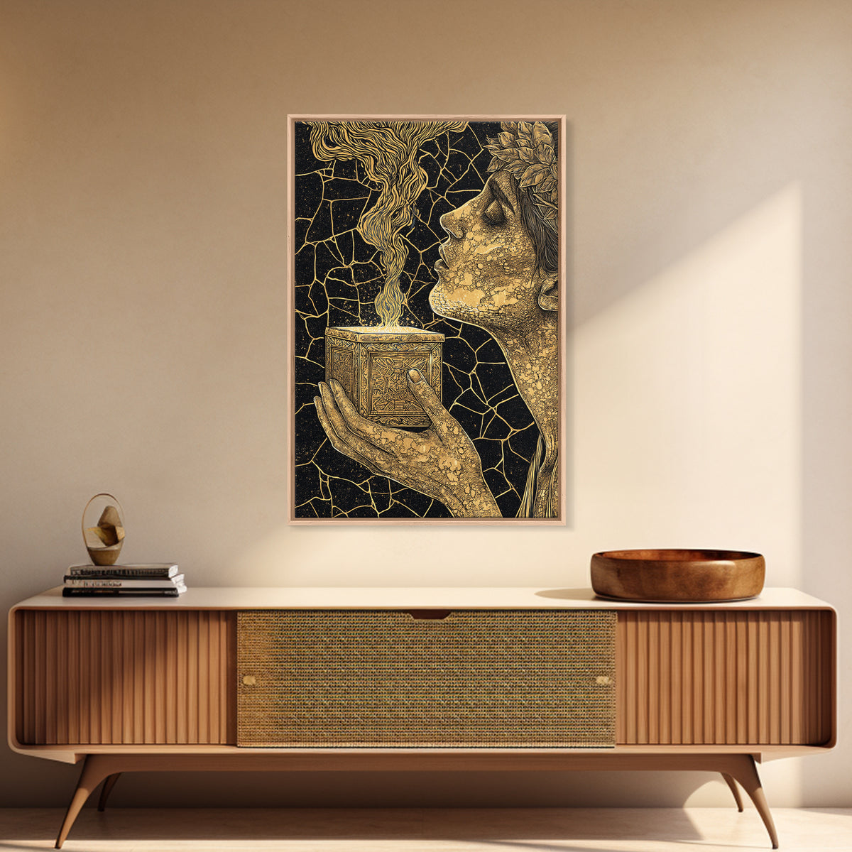 Pandora Opening Mythical Box, Surreal Greek Goddess Design, Canvas Gold Canvas Print, Mythological Wall Art, Real Wood Frame, Enchanting