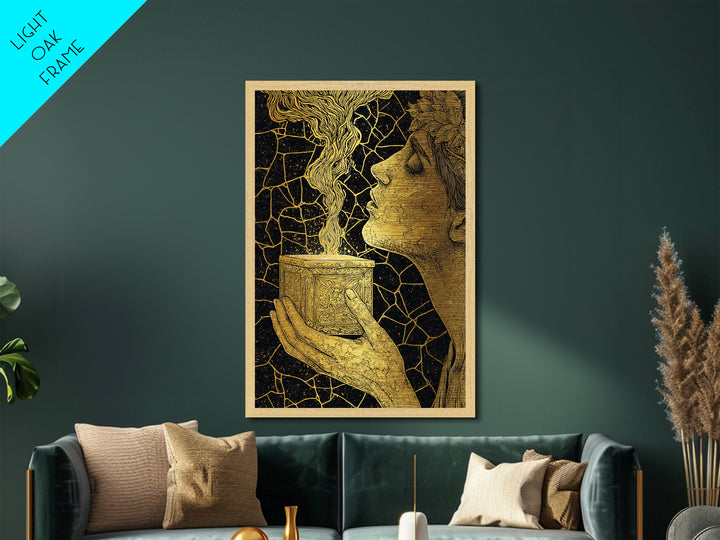 Pandora Opening Mythical Box, Surreal Greek Goddess Design, Metallic Gold Metal Print, Mythological Wall Art, Real Wood Frame, Enchanting