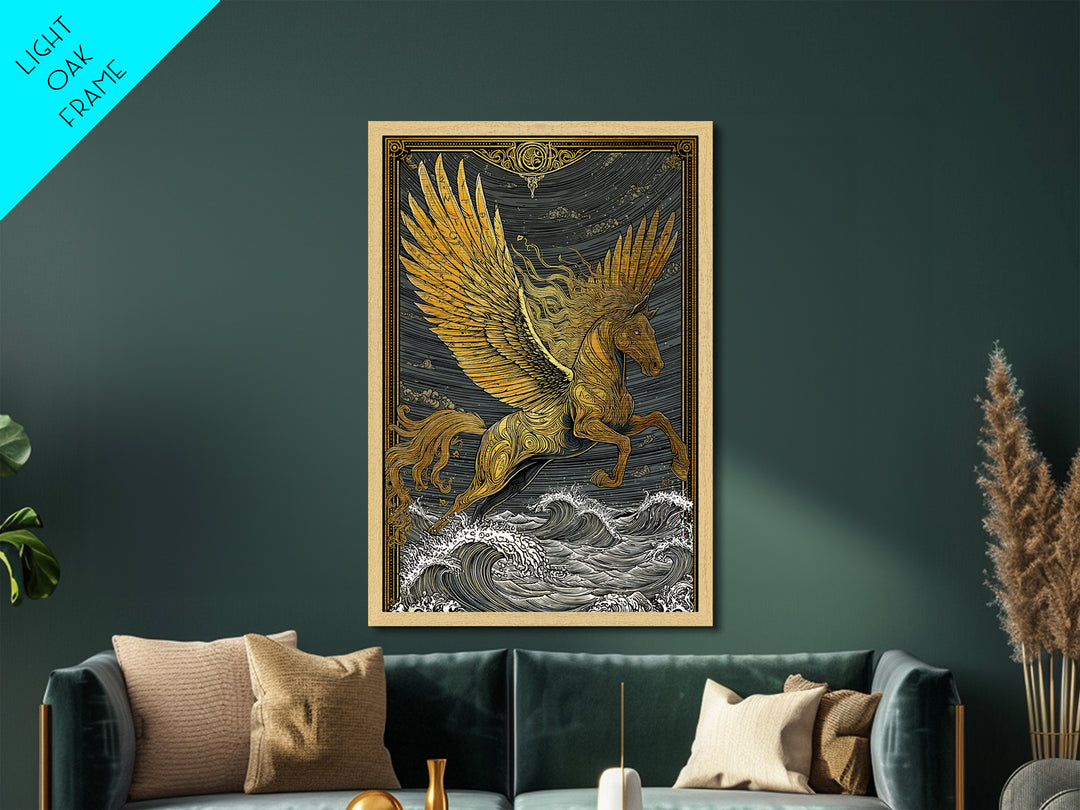 Pegasus Flying Above Waves, Mythical Winged Horse Art, Metallic Gold Art, Greek Mythology Wall Print, Real Wood Frame, Heroic Statement