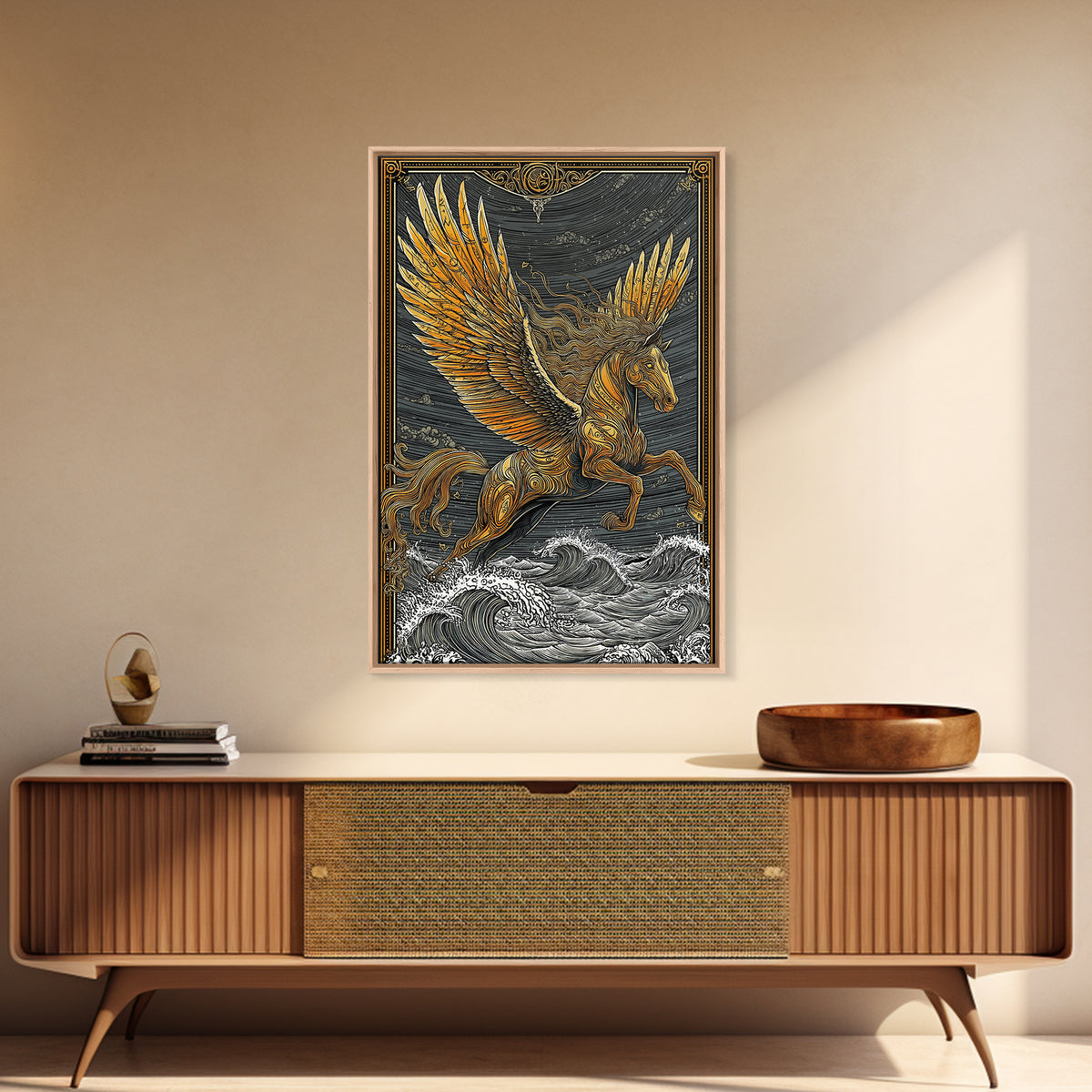 Pegasus Flying Above Waves, Mythical Winged Horse Art, Canvas Gold Art, Greek Mythology Wall Print, Real Wood Frame, Heroic Statement