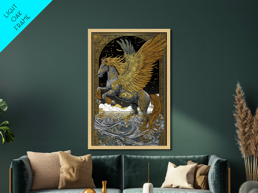 Winged Pegasus Metallic Gold Metal Print, Mythology Wall Art, Luxury Equine Artwork, Real Wood Framed Mythical Decor