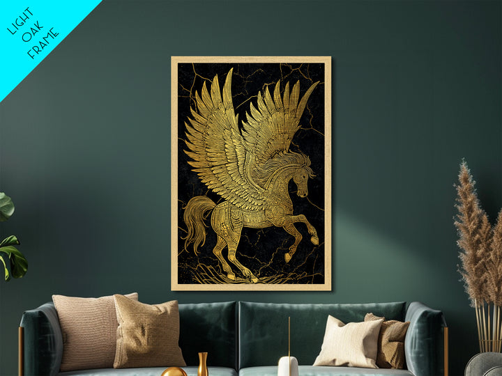 Golden Pegasus Metallic Gold Metal Print, Mythological Horse Artwork, Elegant Home Wall Art, Real Wood Framed Fantasy Decor