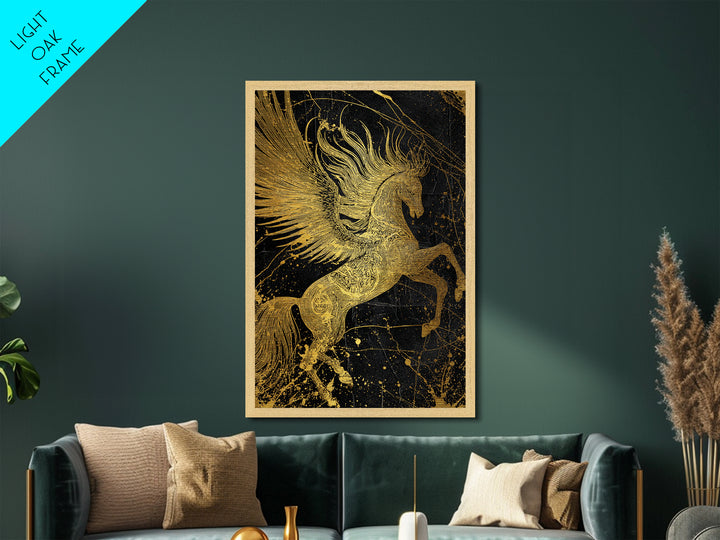 Abstract Pegasus Metallic Gold Art, Mythology Wall Print, Unique Equine Design, Real Wood Framed Modern Mythical Artwork