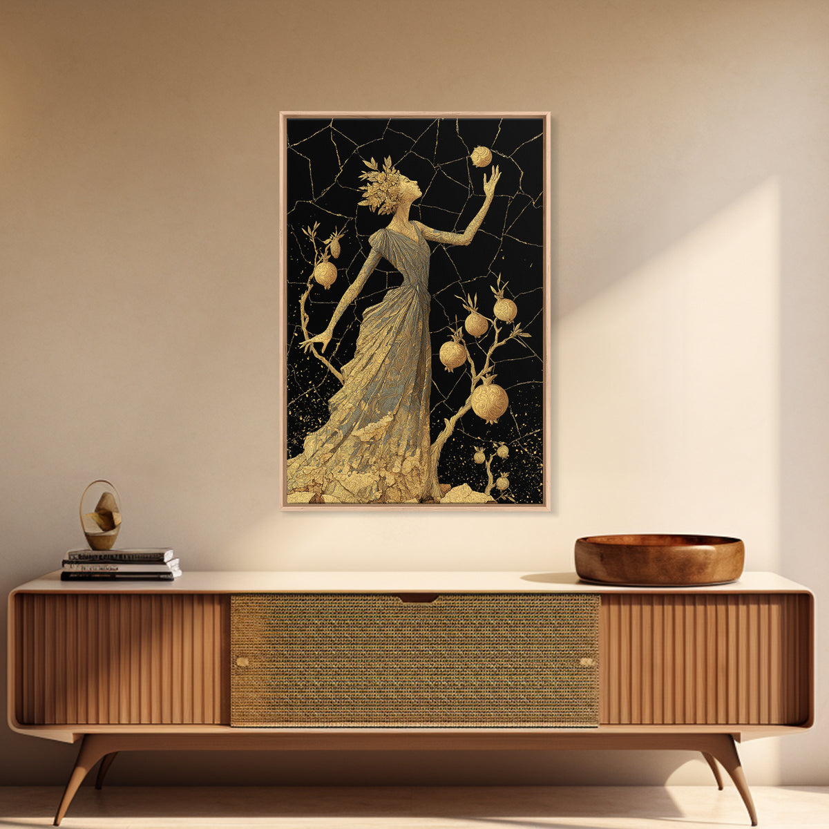 Persephone With Pomegranates Canvas Gold Canvas Print, Mythology Wall Art, Elegant Greek Goddess Decor, Real Wood Frame