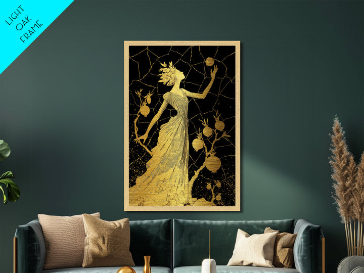 Persephone With Pomegranates Metallic Gold Metal Print, Mythology Wall Art, Elegant Greek Goddess Decor, Real Wood Frame