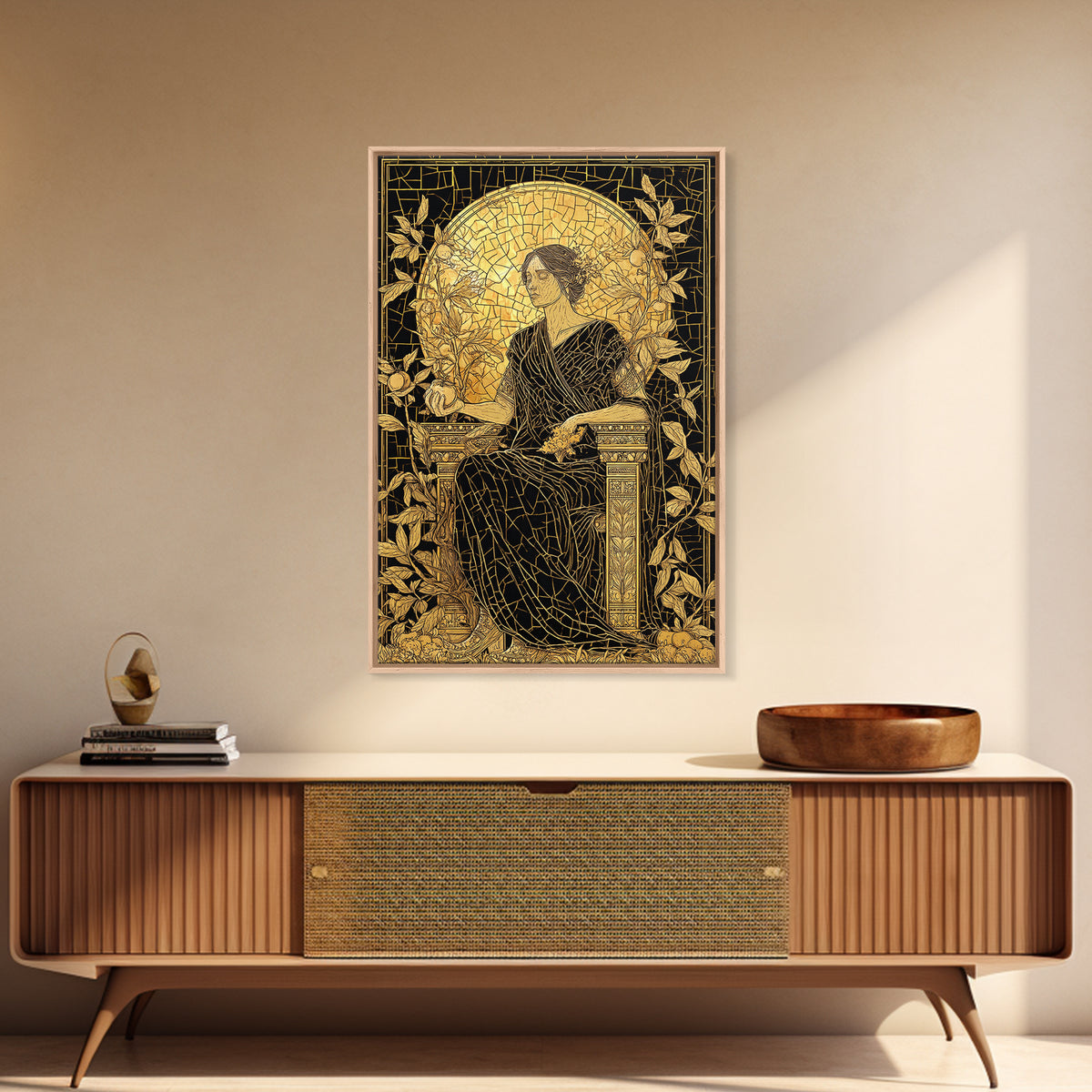 Persephone Mosaic Style Canvas Gold Canvas Print, Mythology Wall Art, Goddess Decor, Elegant Greek Inspired Real Wood Frame