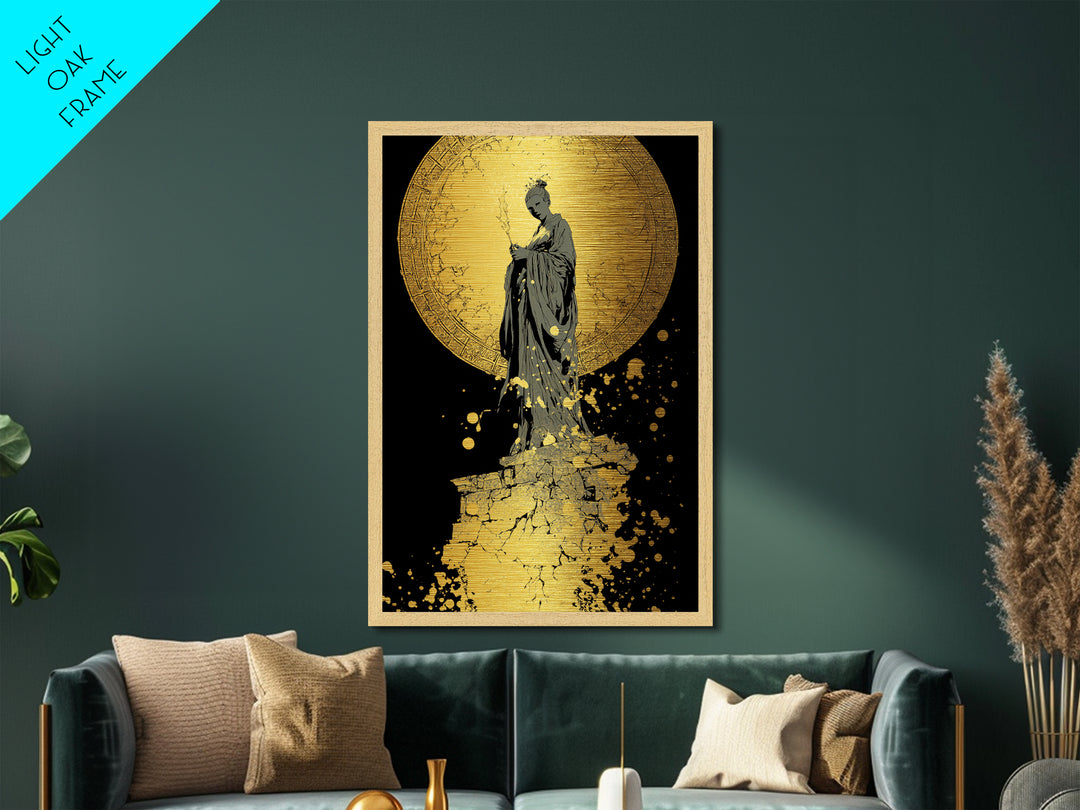 Goddess Statue Metallic Gold Metal Print, Ancient Mythology Wall Art, Elegant Female Figure Artwork, Real Wood Framed Decor