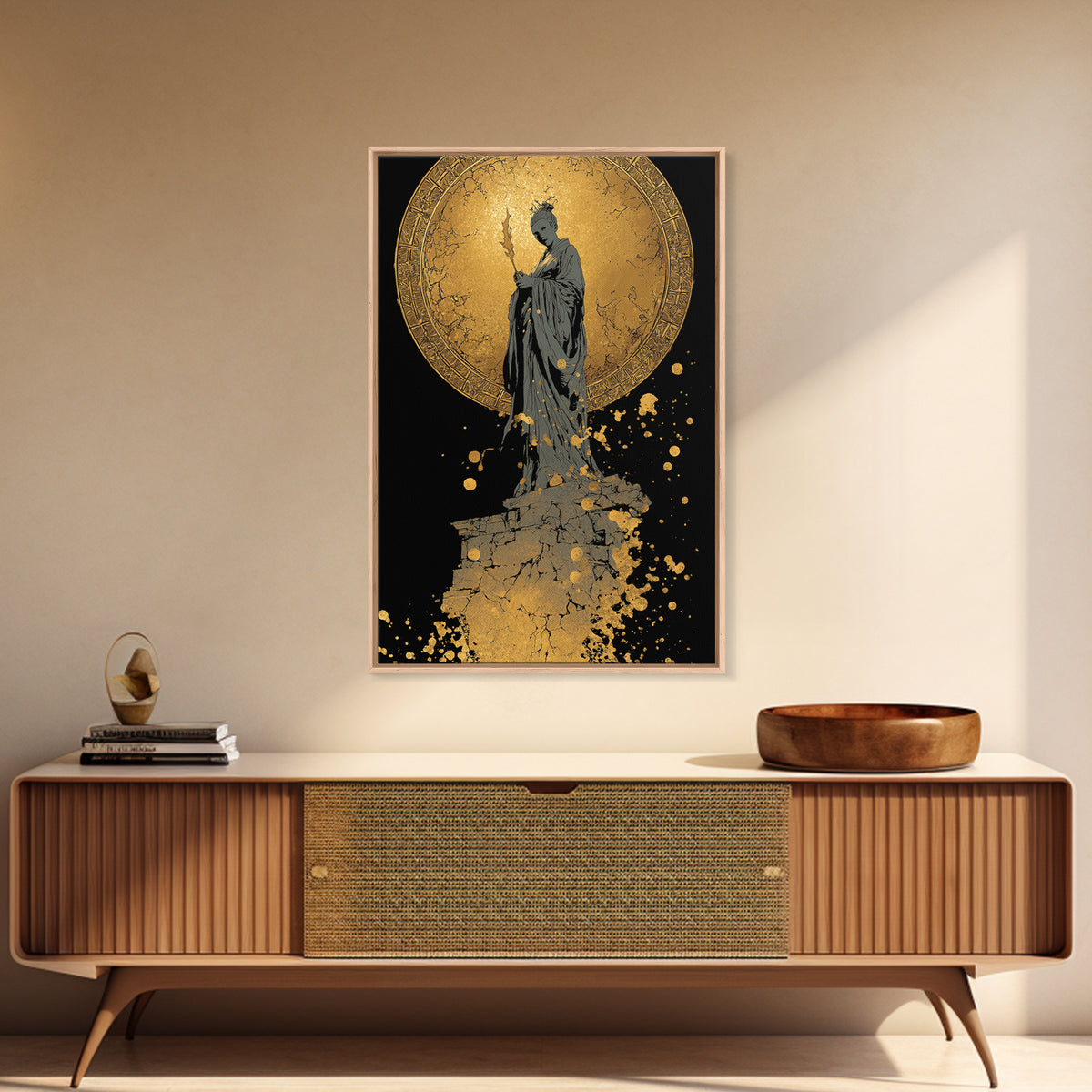 Goddess Statue Canvas Gold Canvas Print, Ancient Mythology Wall Art, Elegant Female Figure Artwork, Real Wood Framed Decor