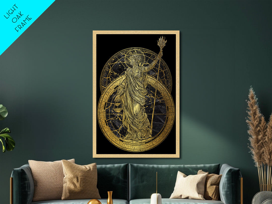 Divine Justice Metallic Gold Metal Print, Goddess With Torch Wall Art, Mythological Decor, Real Wood Framed Elegant Artwork