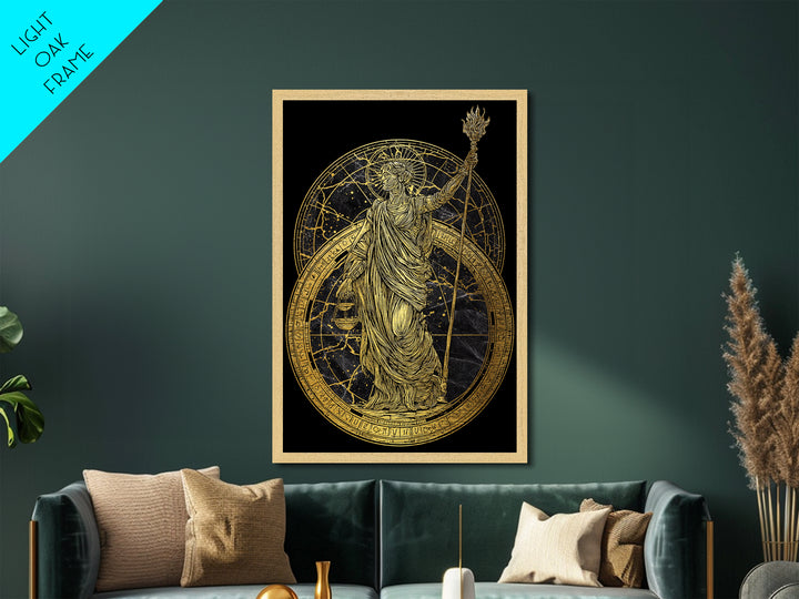 Divine Justice Metallic Gold Metal Print, Goddess With Torch Wall Art, Mythological Decor, Real Wood Framed Elegant Artwork